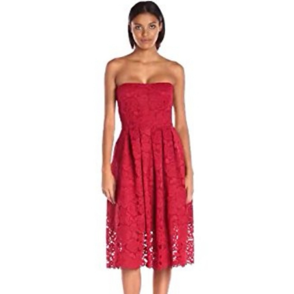 Vera Wang Strapless Red Lace Midi Dress